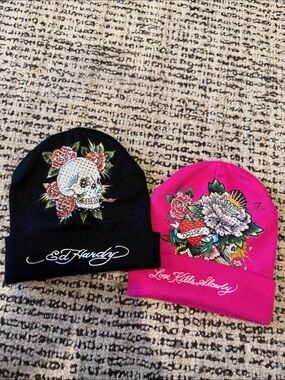 Ed Hardy Beanie Hats in Black & Hot Pink